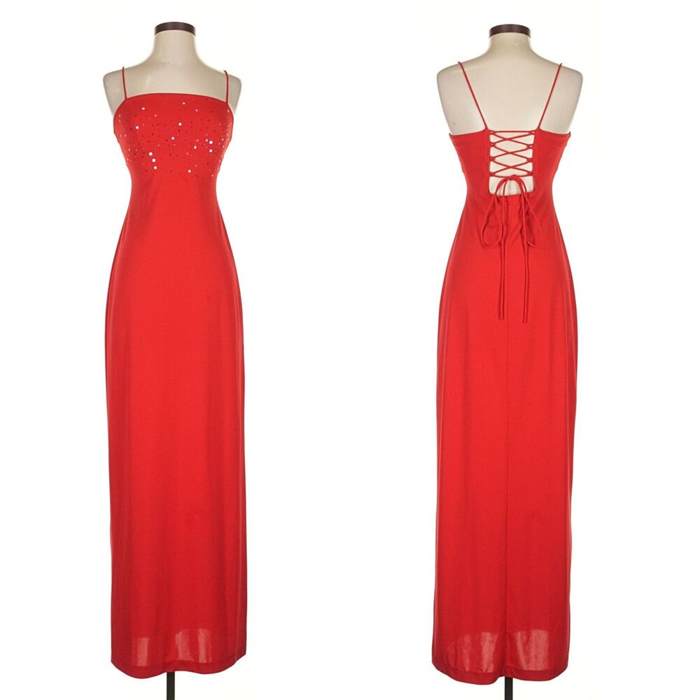 Vintage Y2K Zum Zum Red Prom Gown Empire Waist Regency Maxi Dress Beaded Size 5